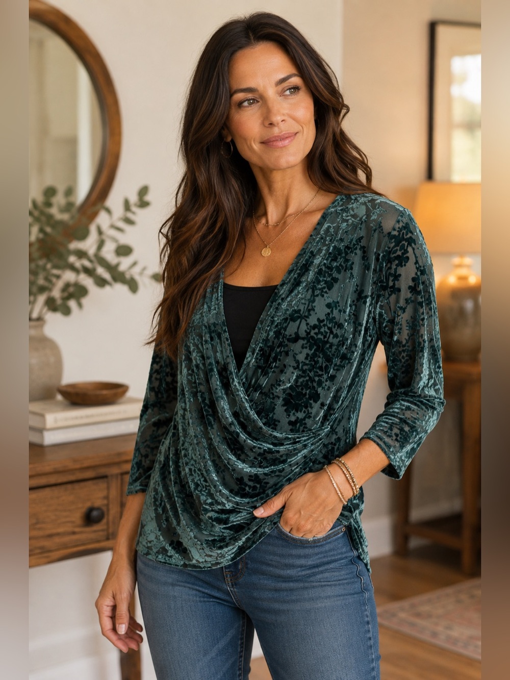 NWOT Surplice Velvet Burnout Blouse - Teal Green